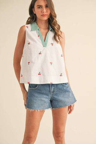 FRUIT EMBROIDERY COLLARED TANK-Sleeveless-&MERCI-Summit Lane Boutique, Women's Apparel and Gifts located in Grand Rapids, MI