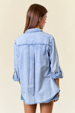 Chambray Button Down Shirt-Long Sleeves-Doe and Rae-Summit Lane Boutique, Women's Apparel and Gifts located in Grand Rapids, MI