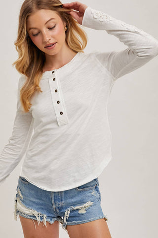 CROCHET PATCH SLEEVED HALF BUTTON ROUND NECK TOP-Long Sleeves-Bluivy-Summit Lane Boutique, Women's Apparel and Gifts located in Grand Rapids, MI