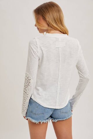 CROCHET PATCH SLEEVED HALF BUTTON ROUND NECK TOP-Long Sleeves-Bluivy-Summit Lane Boutique, Women's Apparel and Gifts located in Grand Rapids, MI