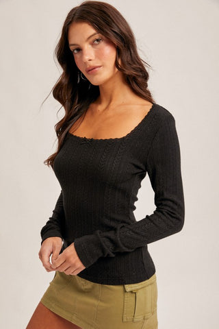 Lace Edge Square Neck Top-Long Sleeves-Hem & Thread-Summit Lane Boutique, Women's Apparel and Gifts located in Grand Rapids, MI