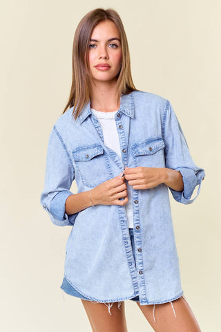 Chambray Button Down Shirt-Long Sleeves-Doe and Rae-Summit Lane Boutique, Women's Apparel and Gifts located in Grand Rapids, MI