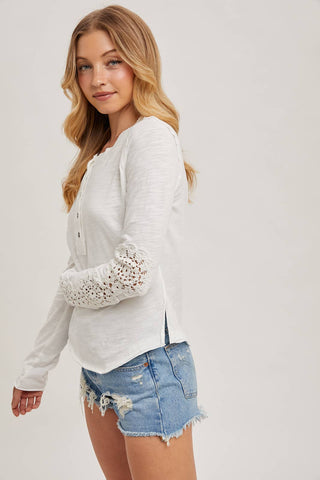 CROCHET PATCH SLEEVED HALF BUTTON ROUND NECK TOP-Long Sleeves-Bluivy-Summit Lane Boutique, Women's Apparel and Gifts located in Grand Rapids, MI