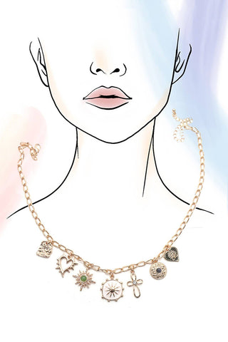 CHARM NECKLACE-HEART CROSS SUNBURST STONE-Necklaces-JOSSLYN by wall to wall-Summit Lane Boutique, Women's Apparel and Gifts located in Grand Rapids, MI