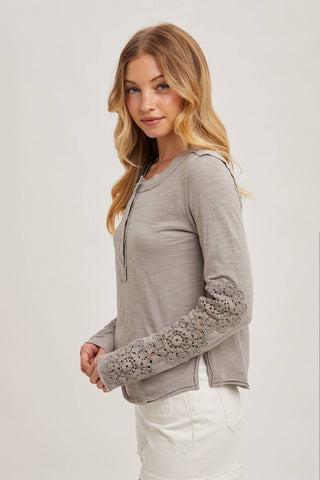 CROCHET PATCH SLEEVED HALF BUTTON ROUND NECK TOP-Long Sleeves-Bluivy-Summit Lane Boutique, Women's Apparel and Gifts located in Grand Rapids, MI