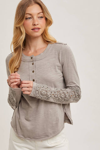 CROCHET PATCH SLEEVED HALF BUTTON ROUND NECK TOP-Long Sleeves-Bluivy-Summit Lane Boutique, Women's Apparel and Gifts located in Grand Rapids, MI