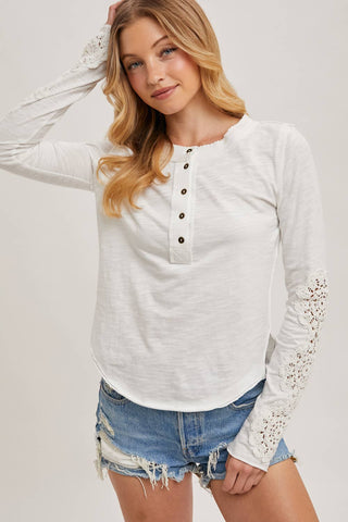 CROCHET PATCH SLEEVED HALF BUTTON ROUND NECK TOP-Long Sleeves-Bluivy-Summit Lane Boutique, Women's Apparel and Gifts located in Grand Rapids, MI