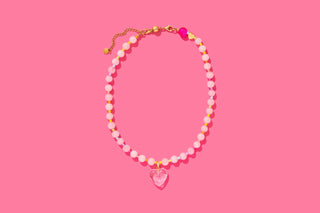 Beaded Necklace - Pink + Multi-Color w/Dangle Heart - Lottie-Necklaces-Taylor Elliott Designs-Summit Lane Boutique, Women's Apparel and Gifts located in Grand Rapids, MI