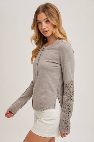 CROCHET PATCH SLEEVED HALF BUTTON ROUND NECK TOP-Long Sleeves-Bluivy-Summit Lane Boutique, Women's Apparel and Gifts located in Grand Rapids, MI