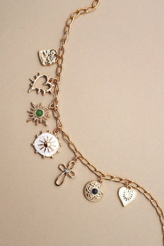 CHARM NECKLACE-HEART CROSS SUNBURST STONE-Necklaces-JOSSLYN by wall to wall-Summit Lane Boutique, Women's Apparel and Gifts located in Grand Rapids, MI
