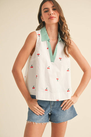 FRUIT EMBROIDERY COLLARED TANK-Sleeveless-&MERCI-Summit Lane Boutique, Women's Apparel and Gifts located in Grand Rapids, MI