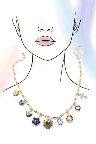 BLUE CERAMIC PORCELAIN HEART CROSS CHARM NECKLACE-Necklaces-JOSSLYN by wall to wall-Summit Lane Boutique, Women's Apparel and Gifts located in Grand Rapids, MI