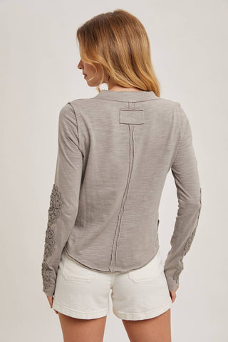 CROCHET PATCH SLEEVED HALF BUTTON ROUND NECK TOP-Long Sleeves-Bluivy-Summit Lane Boutique, Women's Apparel and Gifts located in Grand Rapids, MI