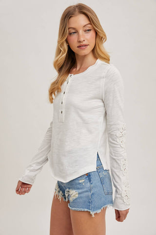 CROCHET PATCH SLEEVED HALF BUTTON ROUND NECK TOP-Long Sleeves-Bluivy-Summit Lane Boutique, Women's Apparel and Gifts located in Grand Rapids, MI