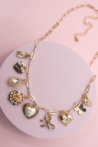 CHARM NECKLACE-BOW HEART RHINESTONE FLOWER-Necklaces-JOSSLYN by wall to wall-Summit Lane Boutique, Women's Apparel and Gifts located in Grand Rapids, MI