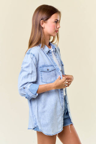 Chambray Button Down Shirt-Long Sleeves-Doe and Rae-Summit Lane Boutique, Women's Apparel and Gifts located in Grand Rapids, MI