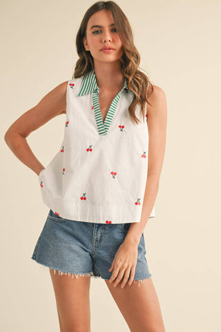 FRUIT EMBROIDERY COLLARED TANK-Sleeveless-&MERCI-Summit Lane Boutique, Women's Apparel and Gifts located in Grand Rapids, MI