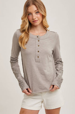 CROCHET PATCH SLEEVED HALF BUTTON ROUND NECK TOP-Long Sleeves-Bluivy-Summit Lane Boutique, Women's Apparel and Gifts located in Grand Rapids, MI
