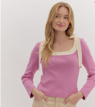 Kate Ribbon Detail Sweater-Long Sleeves-Entro-Summit Lane Boutique, Women's Apparel and Gifts located in Grand Rapids, MI