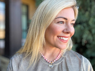 Beaded Necklace - Pink + Multi-Color w/Dangle Heart - Lottie-Necklaces-Taylor Elliott Designs-Summit Lane Boutique, Women's Apparel and Gifts located in Grand Rapids, MI