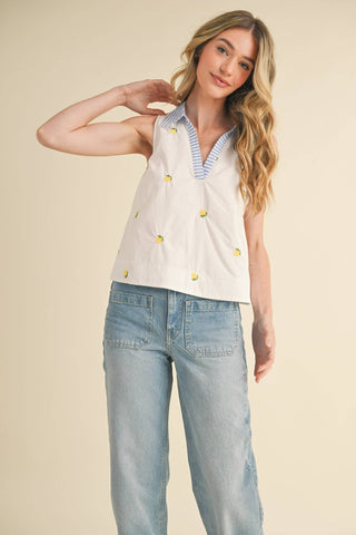 FRUIT EMBROIDERY COLLARED TANK-Sleeveless-&MERCI-Summit Lane Boutique, Women's Apparel and Gifts located in Grand Rapids, MI