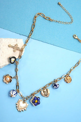 BLUE CERAMIC PORCELAIN HEART CROSS CHARM NECKLACE-Necklaces-JOSSLYN by wall to wall-Summit Lane Boutique, Women's Apparel and Gifts located in Grand Rapids, MI