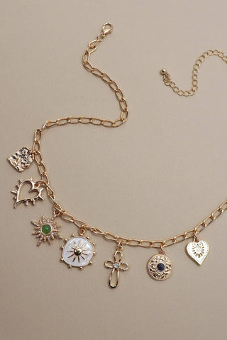 CHARM NECKLACE-HEART CROSS SUNBURST STONE-Necklaces-JOSSLYN by wall to wall-Summit Lane Boutique, Women's Apparel and Gifts located in Grand Rapids, MI