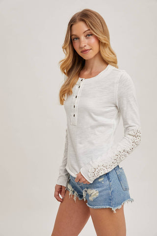 CROCHET PATCH SLEEVED HALF BUTTON ROUND NECK TOP-Long Sleeves-Bluivy-Summit Lane Boutique, Women's Apparel and Gifts located in Grand Rapids, MI