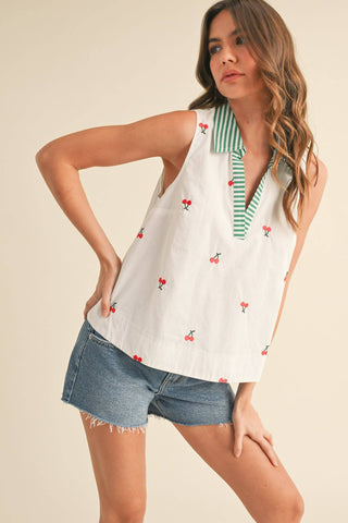 FRUIT EMBROIDERY COLLARED TANK-Sleeveless-&MERCI-Summit Lane Boutique, Women's Apparel and Gifts located in Grand Rapids, MI