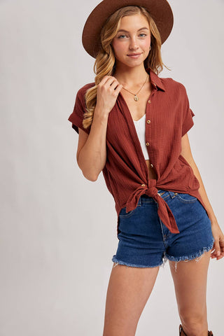 ESSENTIAL BUTTON UP COTTON SHIRT-Short Sleeves-Bluivy-Summit Lane Boutique, Women's Apparel and Gifts located in Grand Rapids, MI
