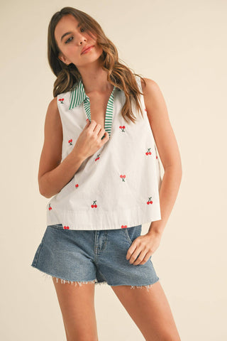 FRUIT EMBROIDERY COLLARED TANK-Sleeveless-&MERCI-Summit Lane Boutique, Women's Apparel and Gifts located in Grand Rapids, MI