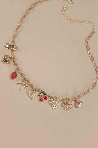 MULTI CHARM BOW CHERRY HEART NECKLACE-Necklaces-JOSSLYN by Wall to Wall-Summit Lane Boutique, Women's Apparel and Gifts located in Grand Rapids, MI