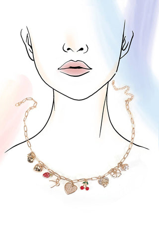 MULTI CHARM BOW CHERRY HEART NECKLACE-Necklaces-JOSSLYN by Wall to Wall-Summit Lane Boutique, Women's Apparel and Gifts located in Grand Rapids, MI