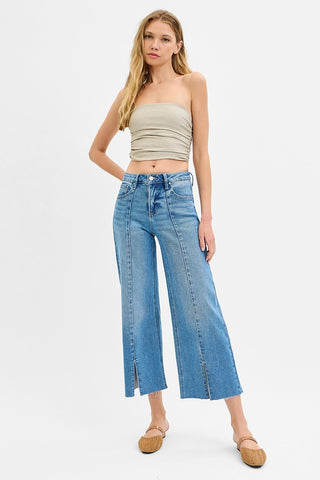 Tummy Control Mid Rise Crop Wide Front Slit Jeans-Jeans-Risen-Summit Lane Boutique, Women's Apparel and Gifts located in Grand Rapids, MI