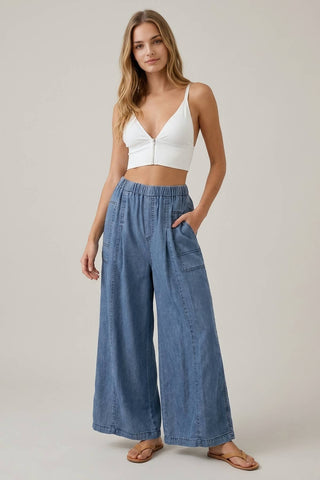 CHAMBRAY ELASTIC WAIST WIDE LEG CULOTES PANTS - 8952P-Pants-Doe and Rae-Summit Lane Boutique, Women's Apparel and Gifts located in Grand Rapids, MI