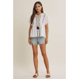 Island Morning Embroidered Top-Short Sleeves-in february-Summit Lane Boutique, Women's Apparel and Gifts located in Grand Rapids, MI