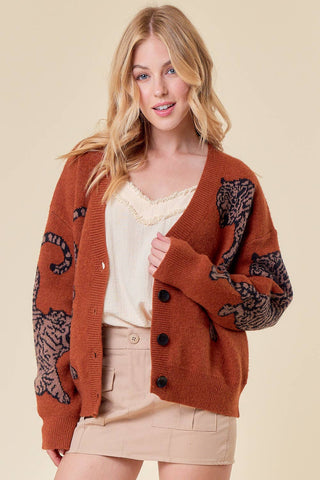 TIGER PRINTED SWEATER CARDIGAN-Cardigans-Doe and Rae-Summit Lane Boutique, Women's Apparel and Gifts located in Grand Rapids, MI