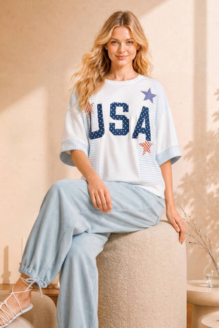 USA Star Patchwork Oversized S/S Sweatshirt-Short Sleeves-Main Strip-Summit Lane Boutique, Women's Apparel and Gifts located in Grand Rapids, MI