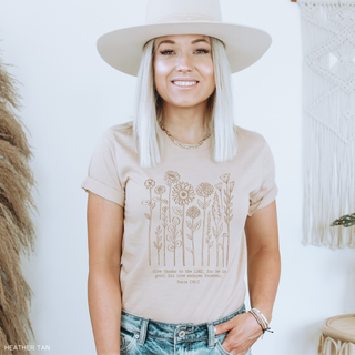 Give Thanks to the Lord for He is Good Flowers T-Shirt-Graphic Tees-Faith & Life Christian Brands-Summit Lane Boutique, Women's Apparel and Gifts located in Grand Rapids, MI