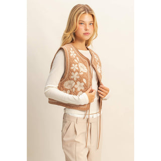 Floral Embroidered Quilted Vest with Tie Front-Vest-HYFVE-Summit Lane Boutique, Women's Apparel and Gifts located in Grand Rapids, MI