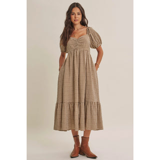 Maple Field Ruched Babydoll Plaid Smocked Midi-Dresses-in february-Summit Lane Boutique, Women's Apparel and Gifts located in Grand Rapids, MI