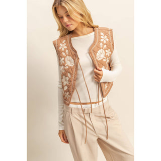 Floral Embroidered Quilted Vest with Tie Front-Vest-HYFVE-Summit Lane Boutique, Women's Apparel and Gifts located in Grand Rapids, MI