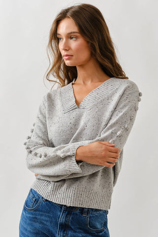 POMPOM LONG SLEEVES V NECK SWEATER-Sweaters-Aaron & Amber-Summit Lane Boutique, Women's Apparel and Gifts located in Grand Rapids, MI