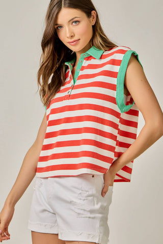 Portside Stripe Polo Tee-Short Sleeves-Mystree-Summit Lane Boutique, Women's Apparel and Gifts located in Grand Rapids, MI