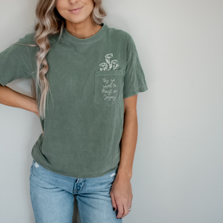 Tis So Sweet to Trust in Jesus Pocket T Shirt-Graphic Tees-Faith & Life Christian Brands-Summit Lane Boutique, Women's Apparel and Gifts located in Grand Rapids, MI
