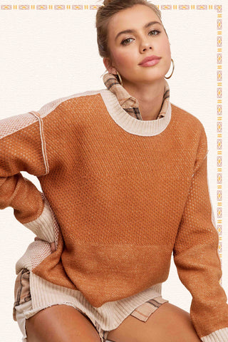 MCS3556-Loose Fit Color Block Textured Round Neck Sweater-La Miel-Summit Lane Boutique, Women's Apparel and Gifts located in Grand Rapids, MI