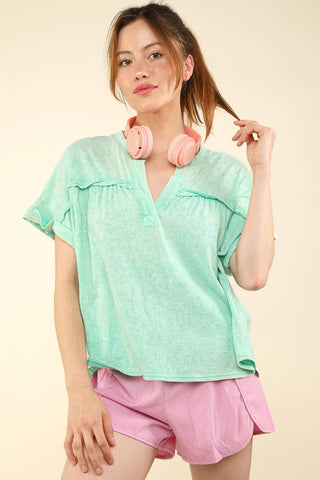 Split Neck Washed Knit Top-Short Sleeves-VERY J-Summit Lane Boutique, Women's Apparel and Gifts located in Grand Rapids, MI