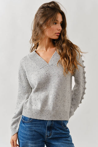 POMPOM LONG SLEEVES V NECK SWEATER-Sweaters-Aaron & Amber-Summit Lane Boutique, Women's Apparel and Gifts located in Grand Rapids, MI
