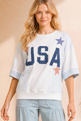 USA Star Patchwork Oversized S/S Sweatshirt-Short Sleeves-Main Strip-Summit Lane Boutique, Women's Apparel and Gifts located in Grand Rapids, MI