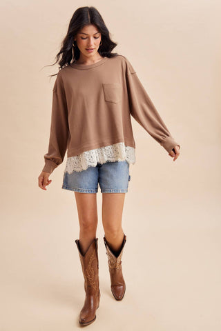 The Hallie Lace Trim Top-Long Sleeves-In Loom-Summit Lane Boutique, Women's Apparel and Gifts located in Grand Rapids, MI